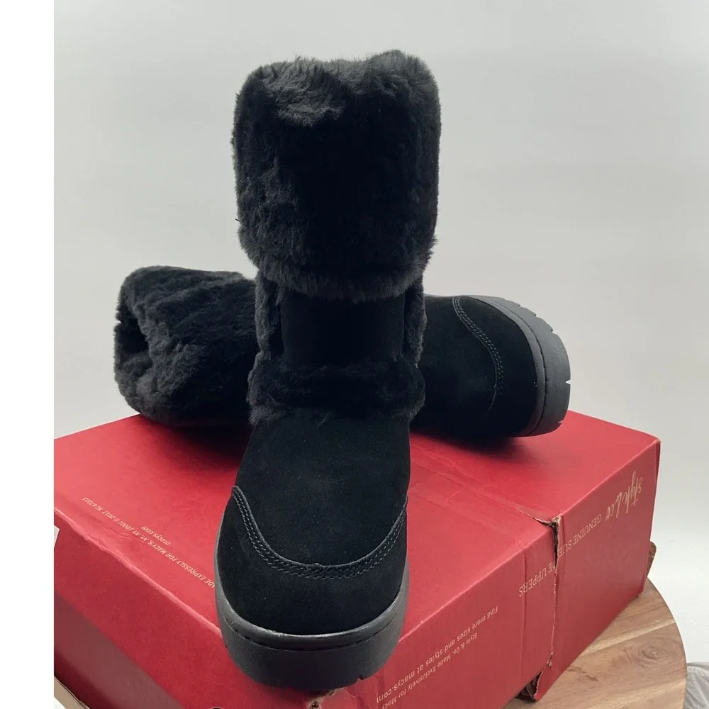 Style & Co Witty Black Suede Faux Fur Trim Mid-Calf Winter Boots Womens 6M